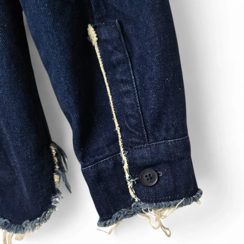Zara Trafaluc Denim Cargo Jean Jacket Women's Raw Chunky Frayed Hem Buttons XS